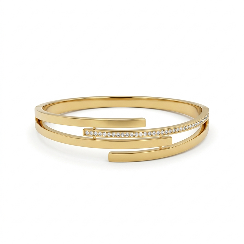 Gold Double Band Crystal Bangle Bracelet | Hinged Cuff