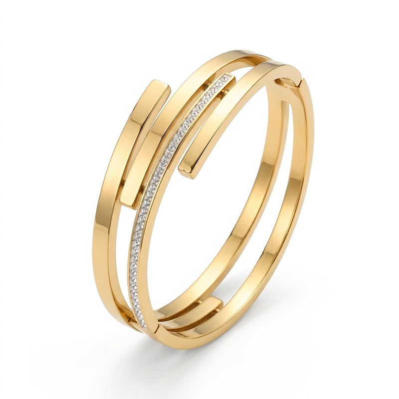 Gold Double Band Crystal Bangle Bracelet | Hinged Cuff - Image 4