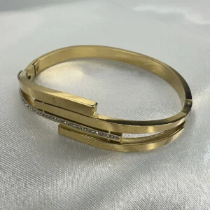 Gold Double Band Crystal Bangle Bracelet | Hinged Cuff