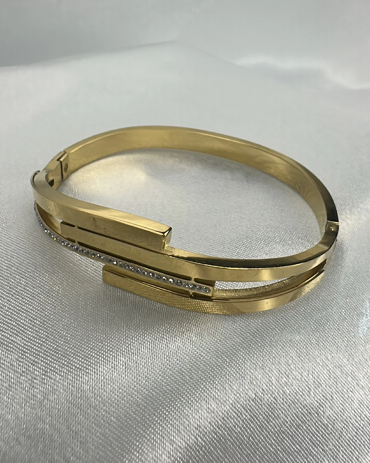 Gold Double Band Crystal Bangle Bracelet | Hinged Cuff