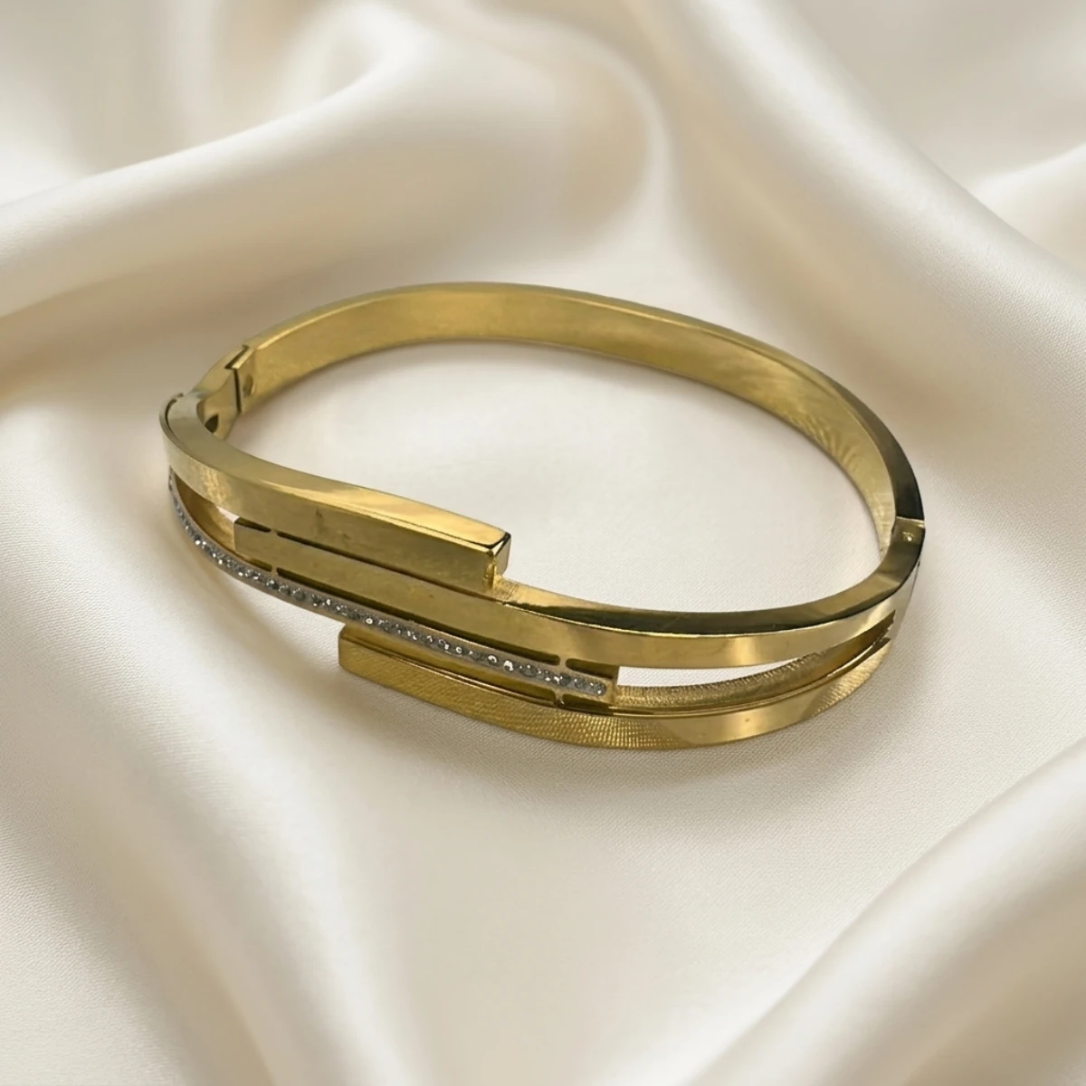 Gold Double Band Crystal Bangle Bracelet | Hinged Cuff - Image 5