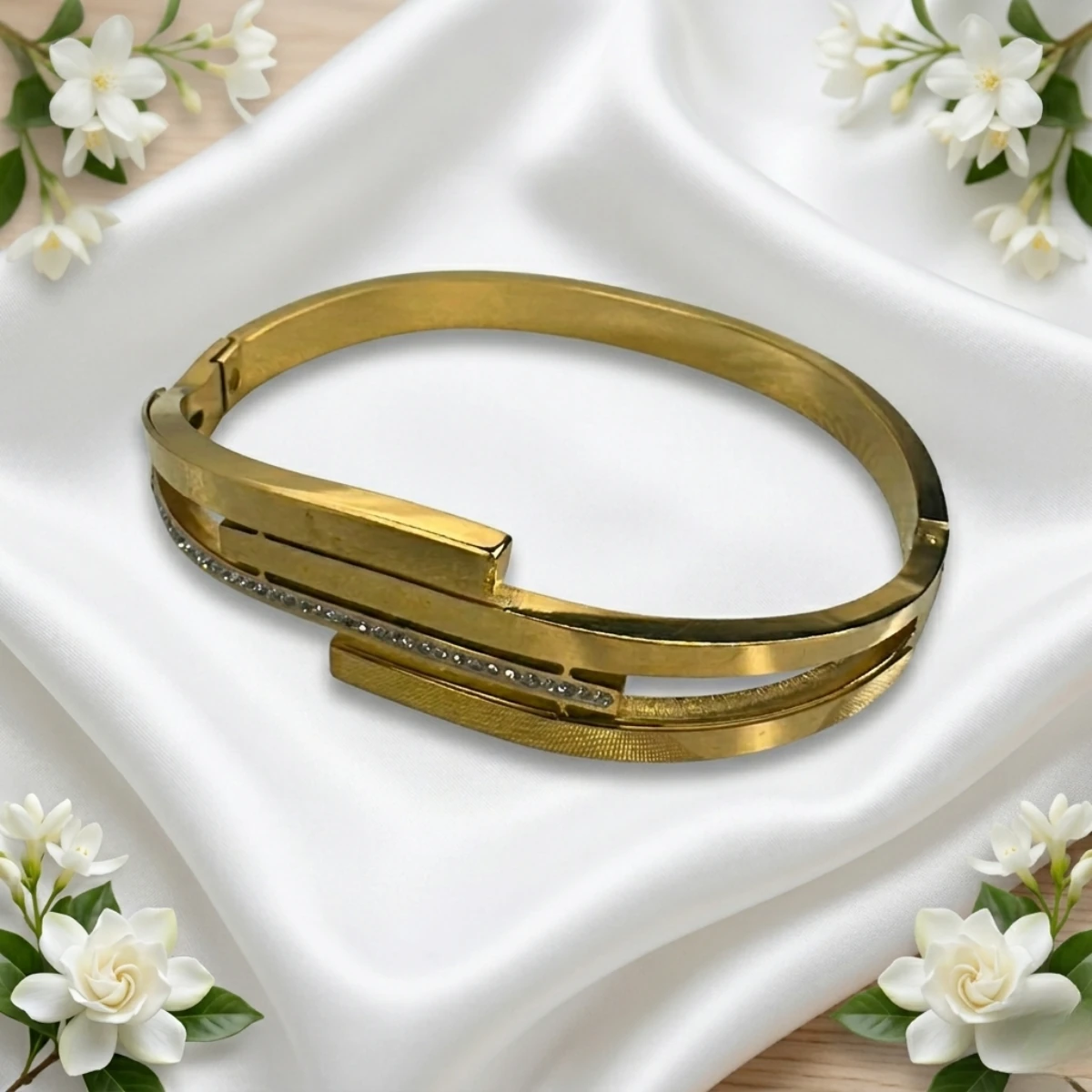 Gold Double Band Crystal Bangle Bracelet | Hinged Cuff - Image 6
