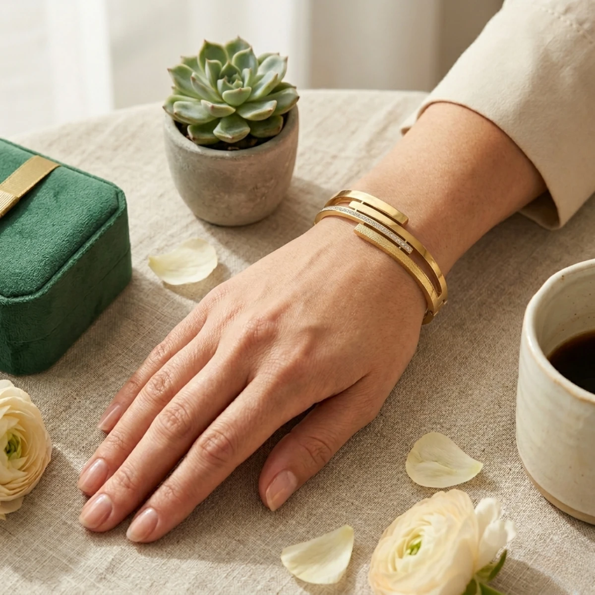 Gold Double Band Crystal Bangle Bracelet | Hinged Cuff - Image 7