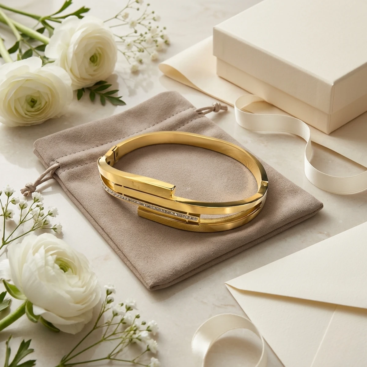 Gold Double Band Crystal Bangle Bracelet | Hinged Cuff - Image 8