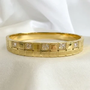 Gold Grid Crystal Bangle Bracelet | Baguette & Square Cut