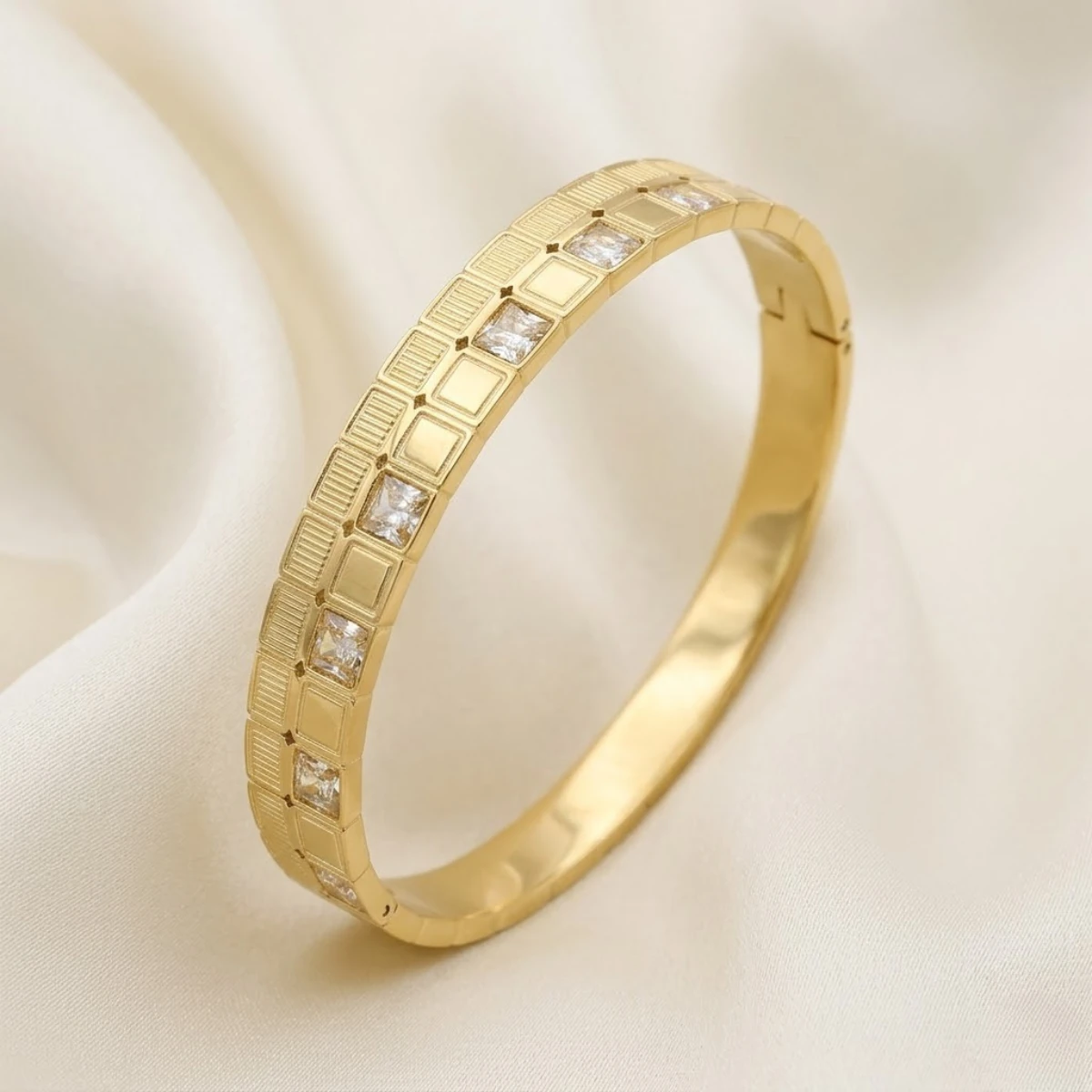 Gold Grid Crystal Bangle Bracelet | Baguette & Square Cut - Image 2