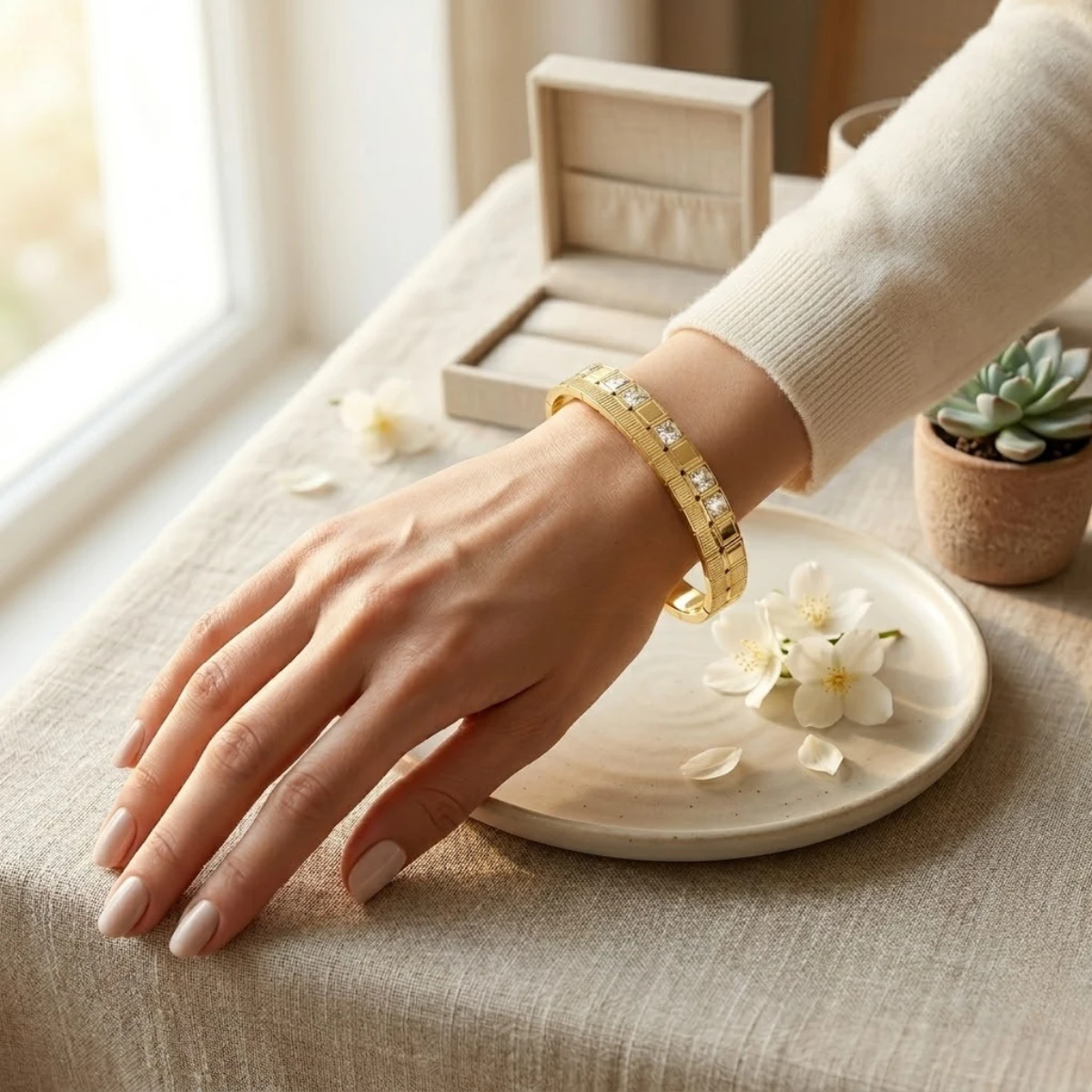 Gold Grid Crystal Bangle Bracelet | Baguette & Square Cut - Image 4