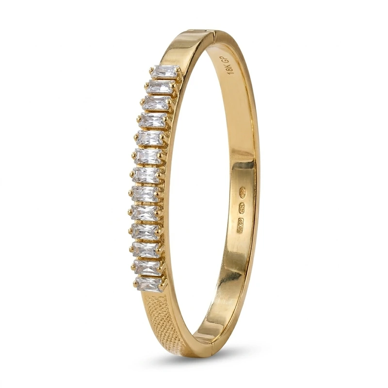 Gold Baguette Crystal Row Bangle Bracelet | Hinged Cuff