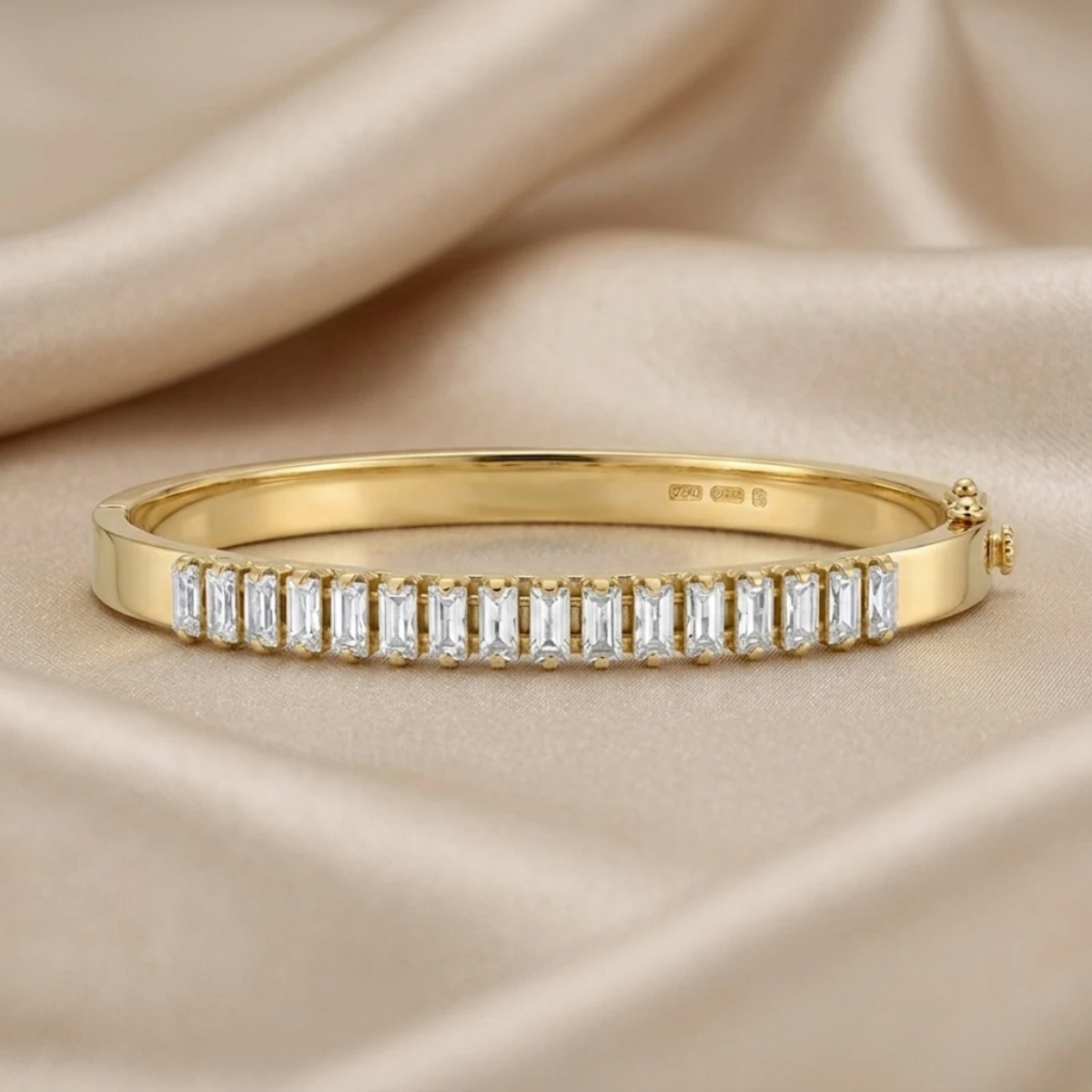 Gold Baguette Crystal Row Bangle Bracelet | Hinged Cuff - Image 3