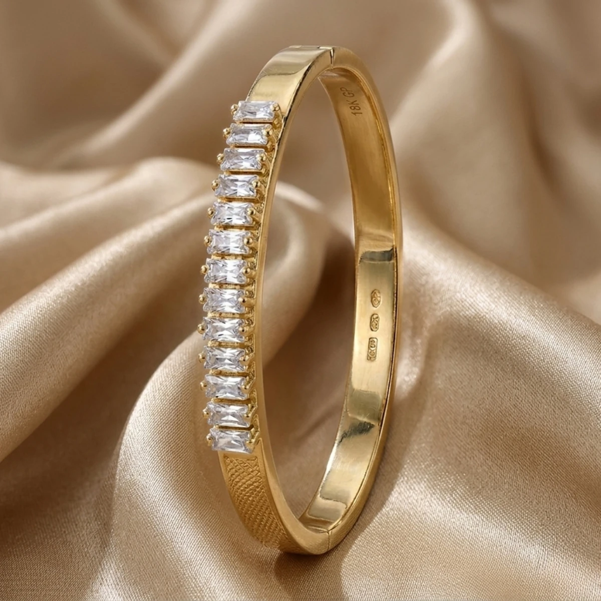 Gold Baguette Crystal Row Bangle Bracelet | Hinged Cuff - Image 4