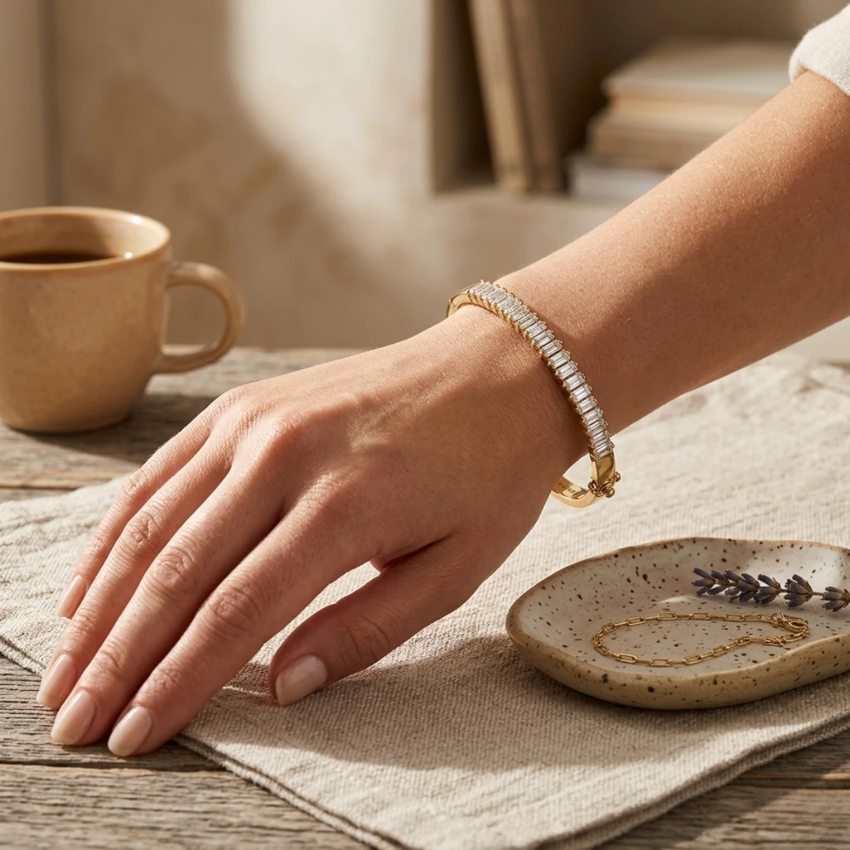 Gold Baguette Crystal Row Bangle Bracelet | Hinged Cuff - Image 5