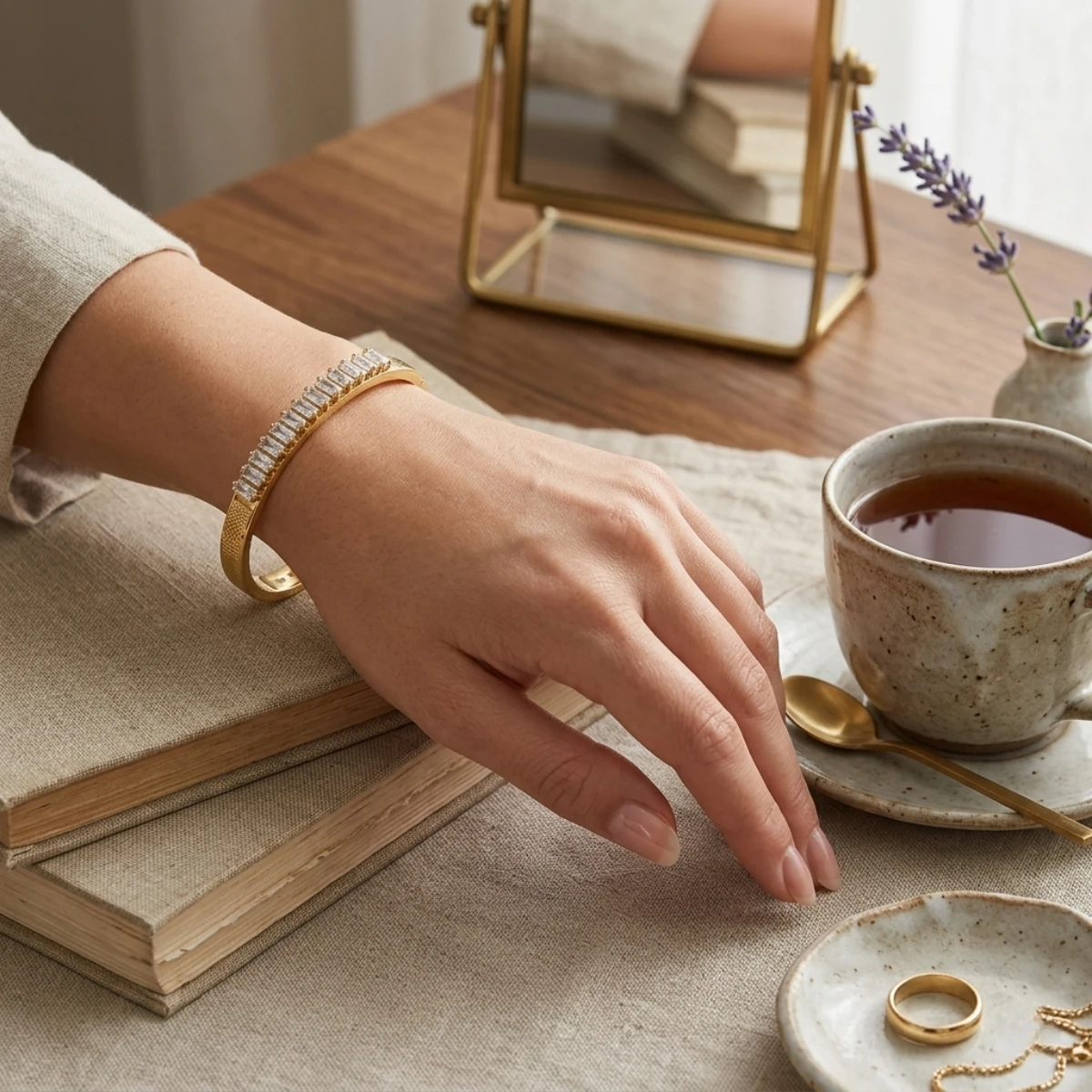 Gold Baguette Crystal Row Bangle Bracelet | Hinged Cuff - Image 6