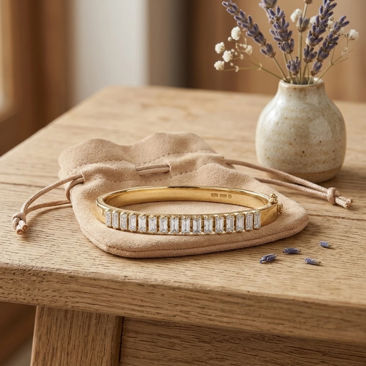 Gold Baguette Crystal Row Bangle Bracelet | Hinged Cuff - Image 7