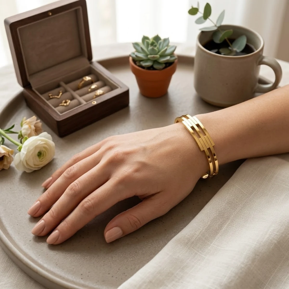Gold Triple Bar Minimalist Bangle Bracelet | H-Frame Cuff - Image 4