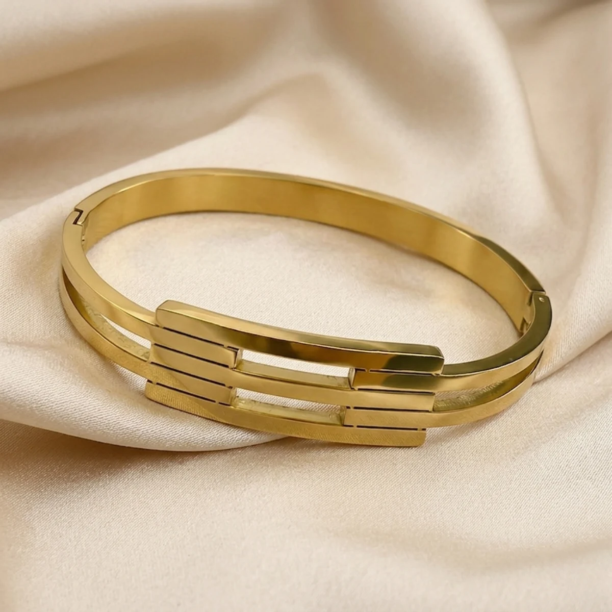 Gold Triple Bar Minimalist Bangle Bracelet | H-Frame Cuff - Image 5