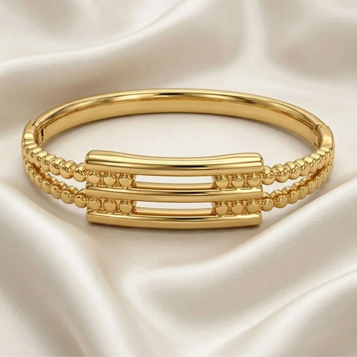 Gold Rope Detail Bangle with Triple Bar Centre | Zeray - Image 3