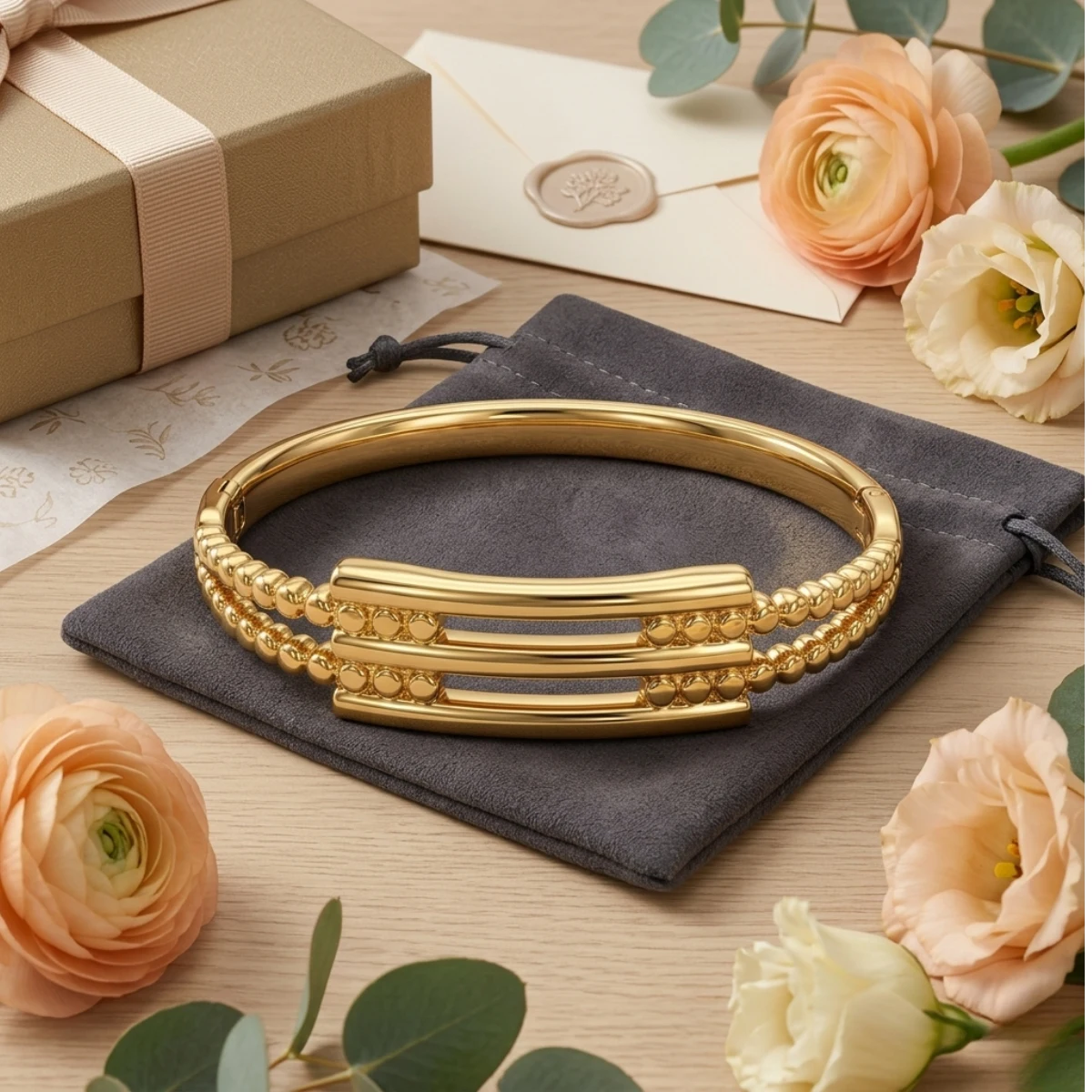 Gold Rope Detail Bangle with Triple Bar Centre | Zeray - Image 4