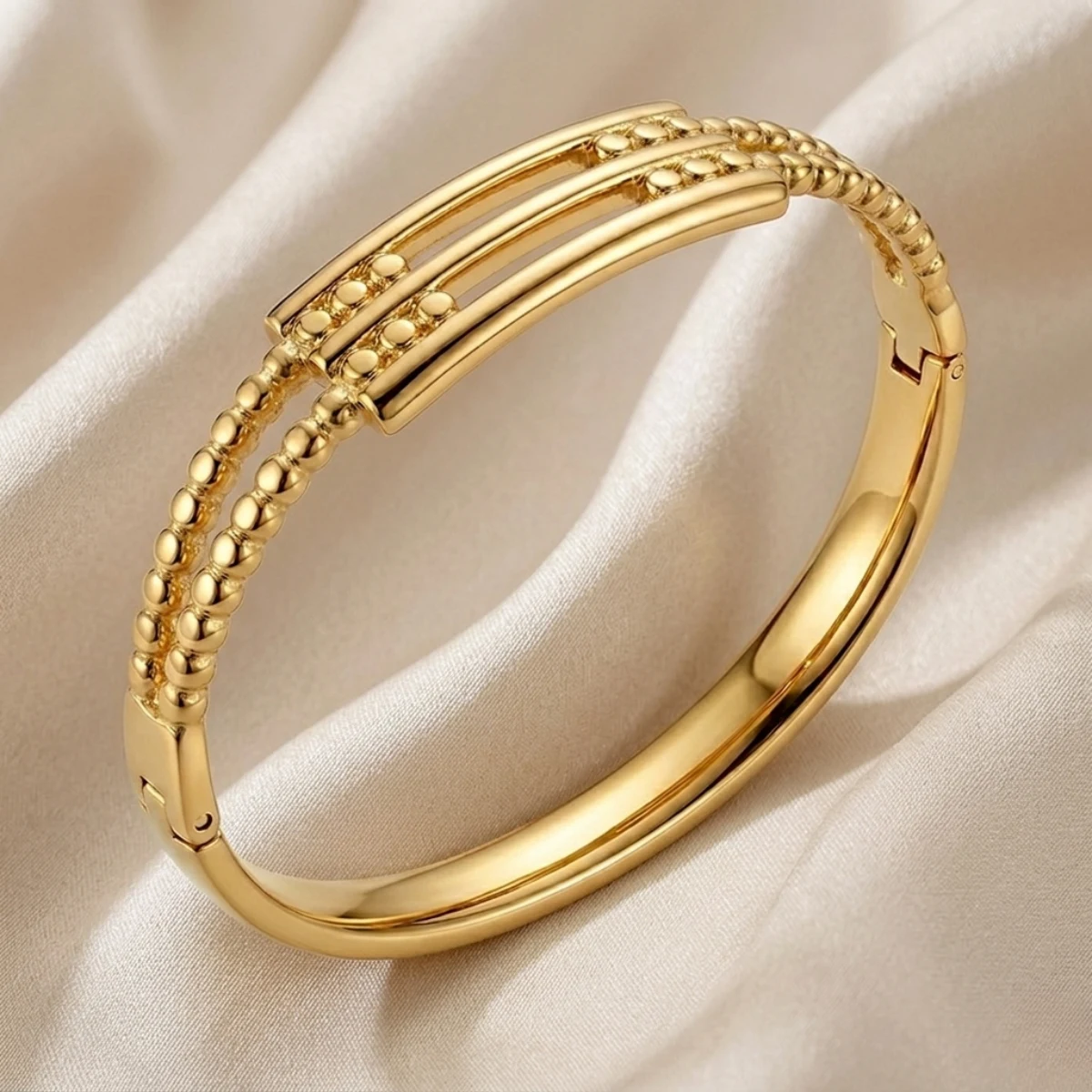 Gold Rope Detail Bangle with Triple Bar Centre | Zeray - Image 5
