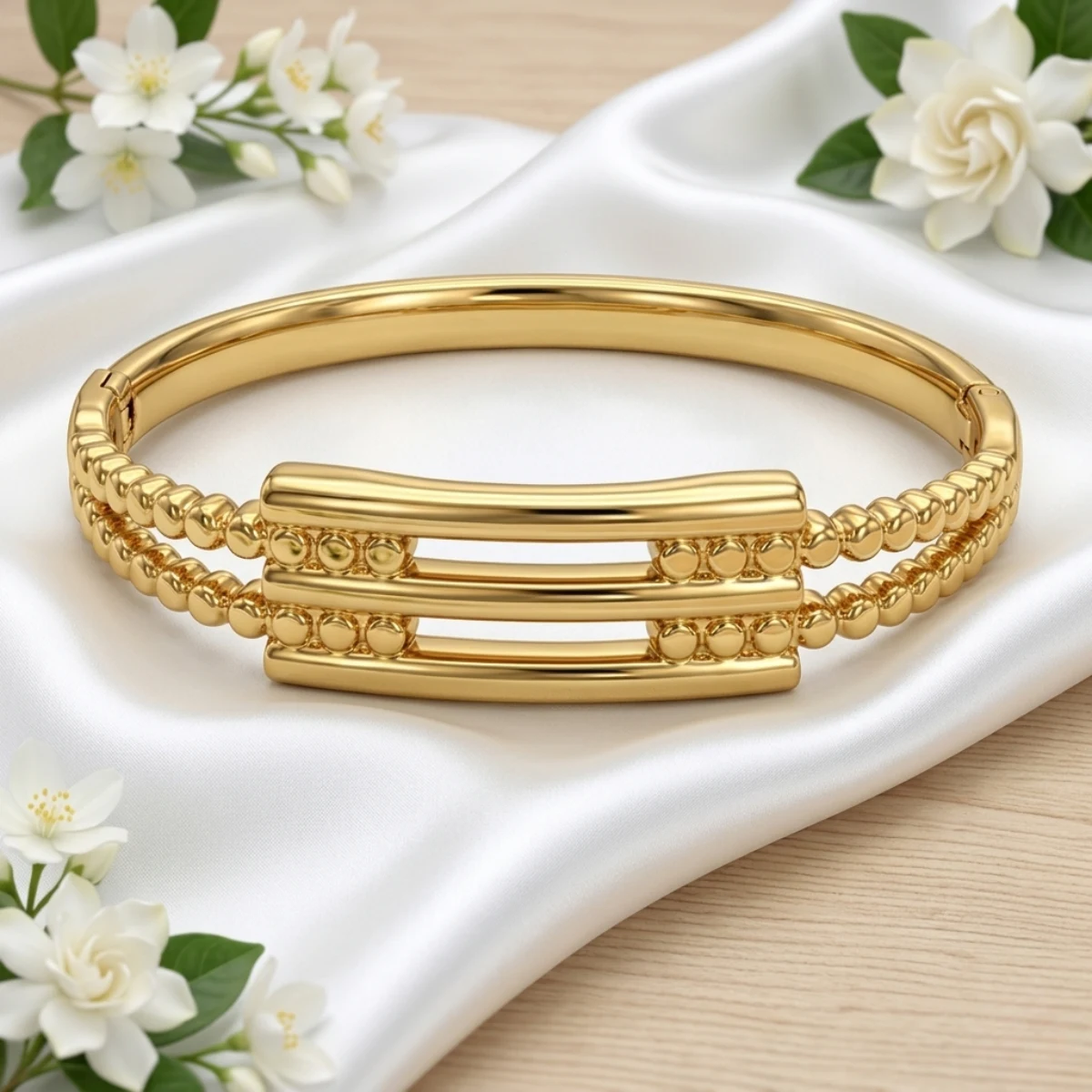 Gold Rope Detail Bangle with Triple Bar Centre | Zeray - Image 6