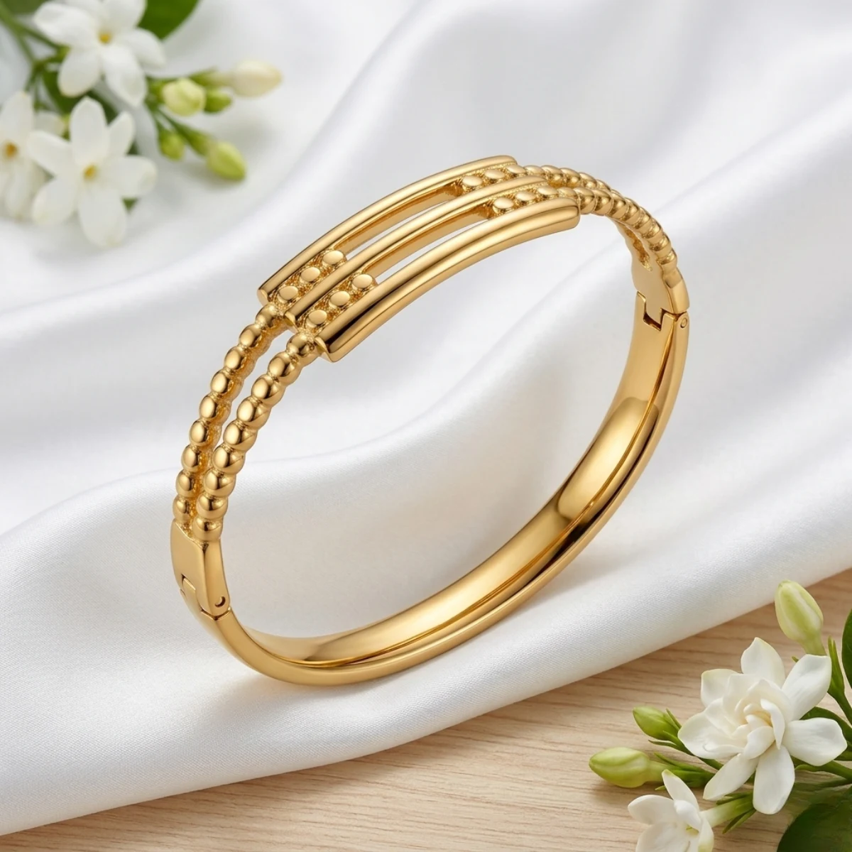 Gold Rope Detail Bangle with Triple Bar Centre | Zeray - Image 7