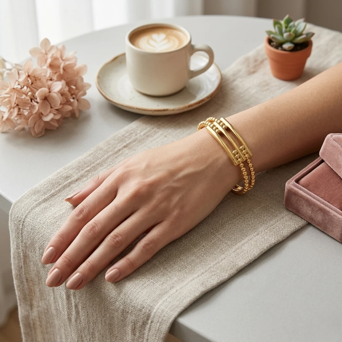 Gold Rope Detail Bangle with Triple Bar Centre | Zeray - Image 8
