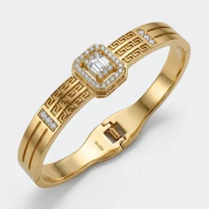 Gold Greek Key Crystal Bangle | Halo Cluster Cuff | Zeray