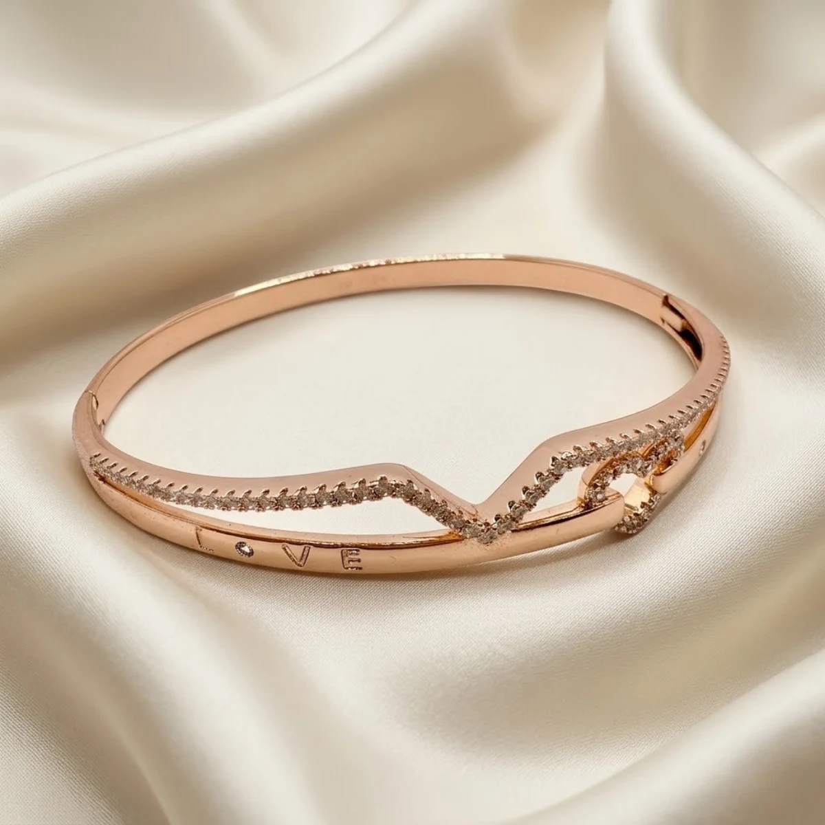 Rose Gold LOVE Heart Crystal Bangle | Romantic Cuff | Zeray