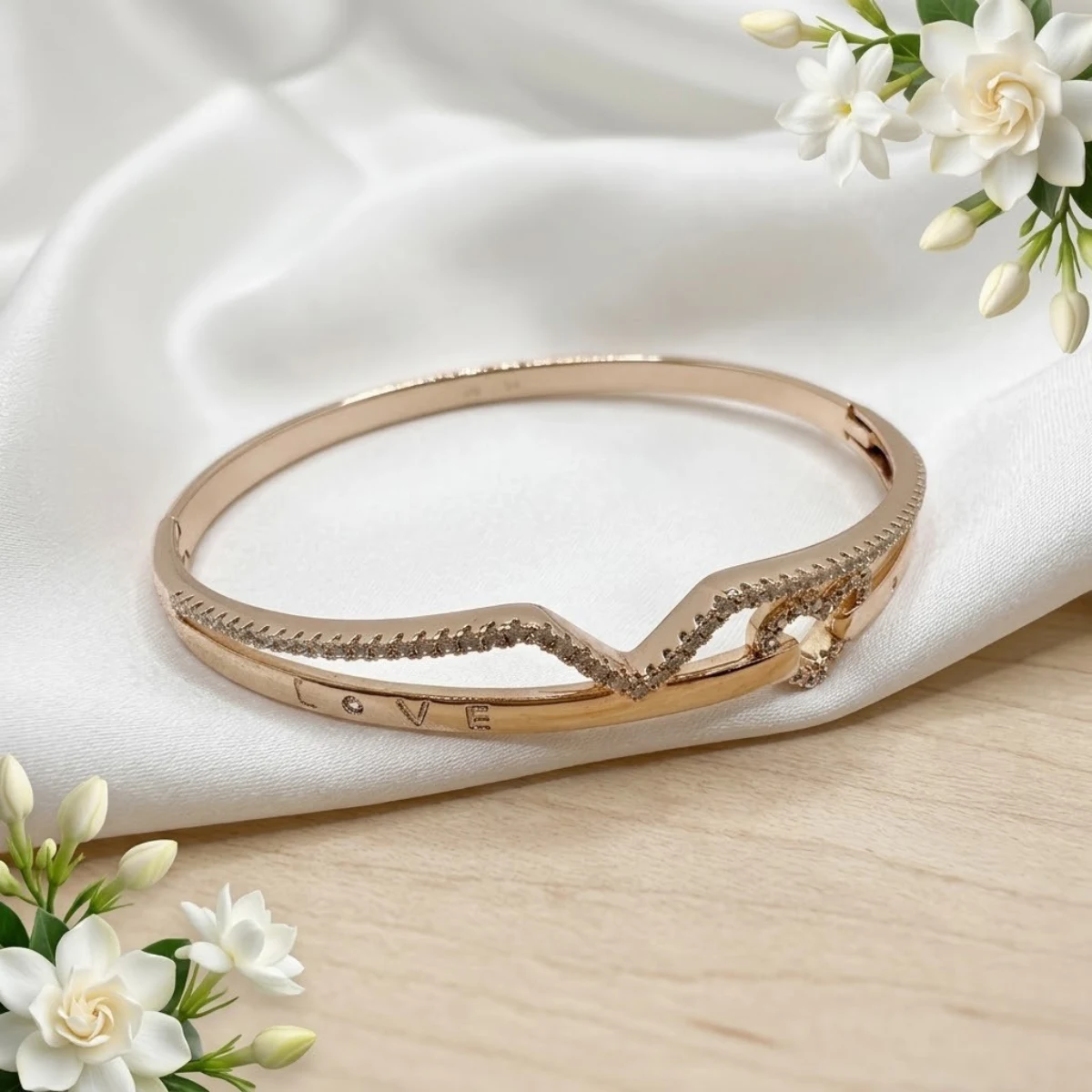 Rose Gold LOVE Heart Crystal Bangle | Romantic Cuff | Zeray - Image 3