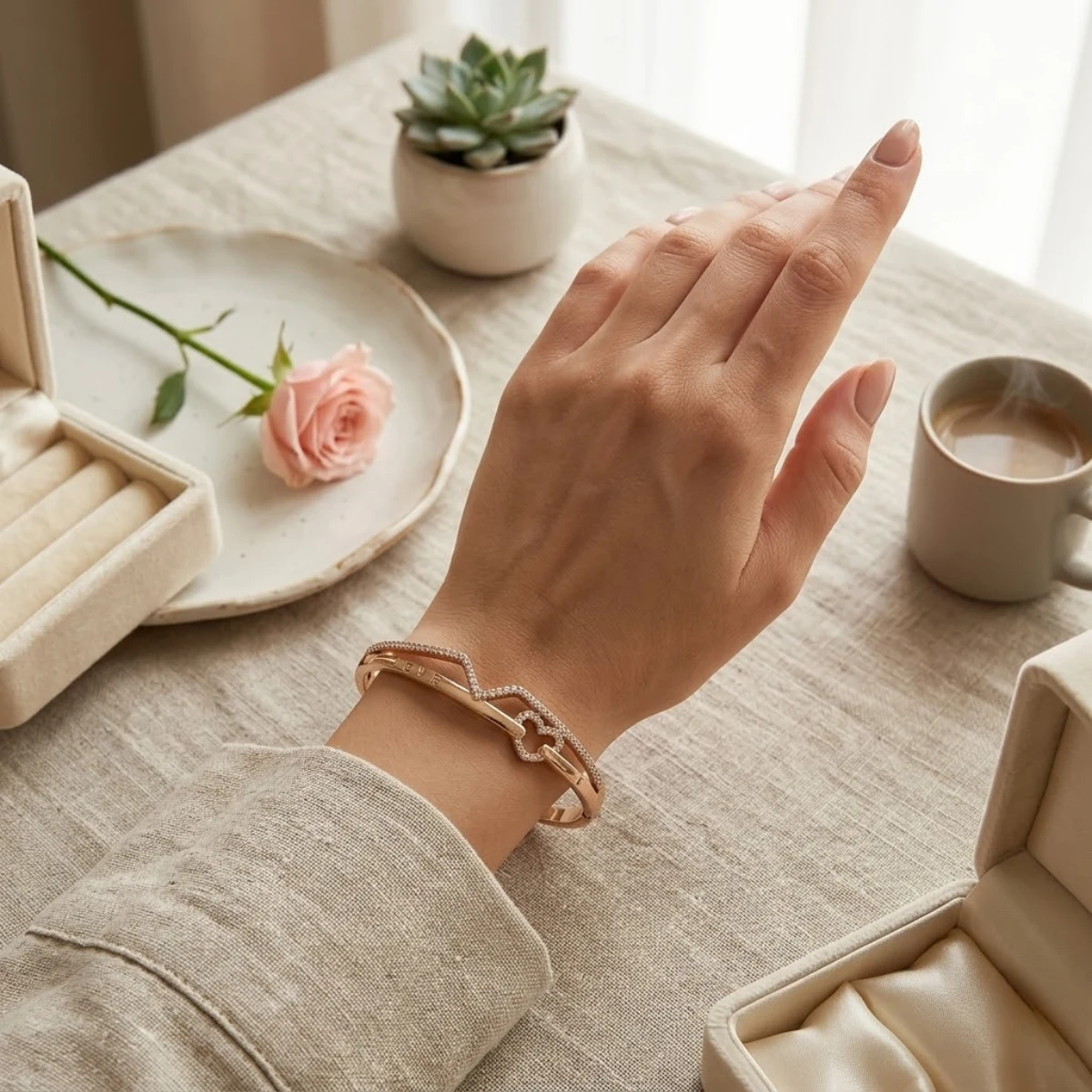 Rose Gold LOVE Heart Crystal Bangle | Romantic Cuff | Zeray - Image 4