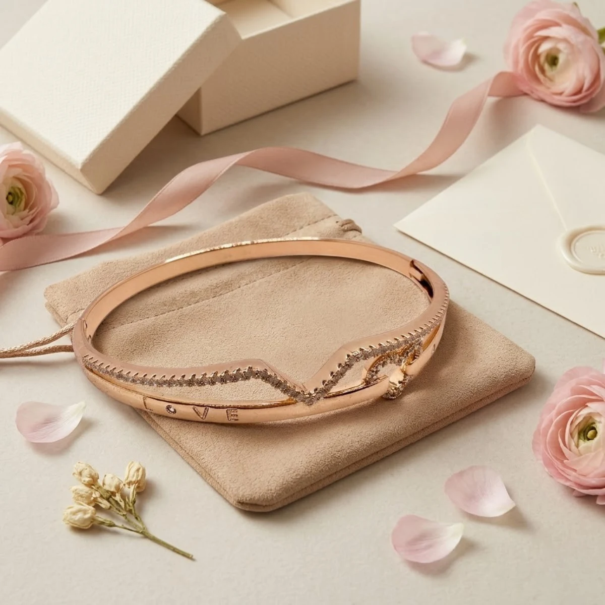 Rose Gold LOVE Heart Crystal Bangle | Romantic Cuff | Zeray - Image 5