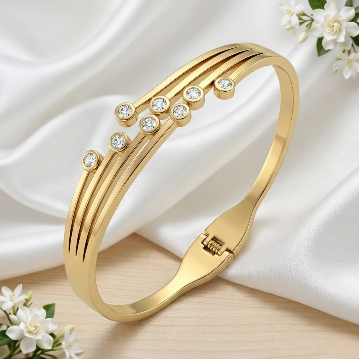 Gold Multi-Rail Scattered Crystal Bangle | Starburst Cuff | Zeray - Image 6