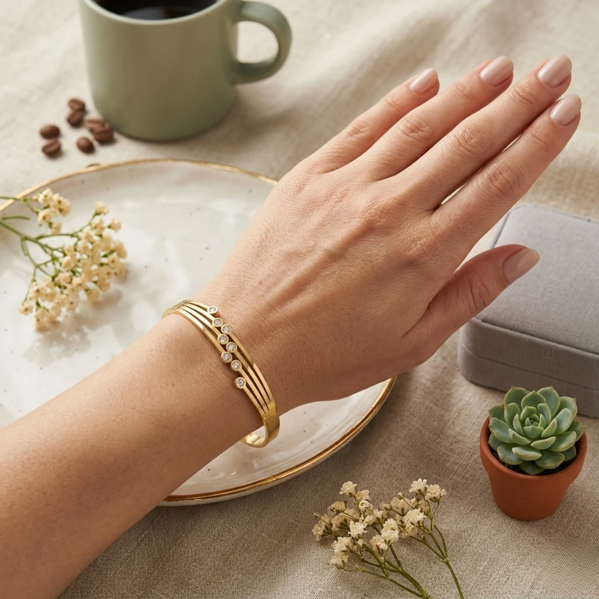 Gold Multi-Rail Scattered Crystal Bangle | Starburst Cuff | Zeray - Image 7