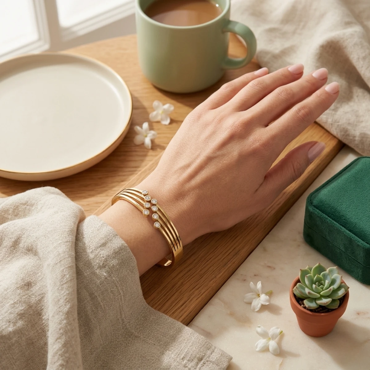 Gold Multi-Rail Scattered Crystal Bangle | Starburst Cuff | Zeray - Image 8
