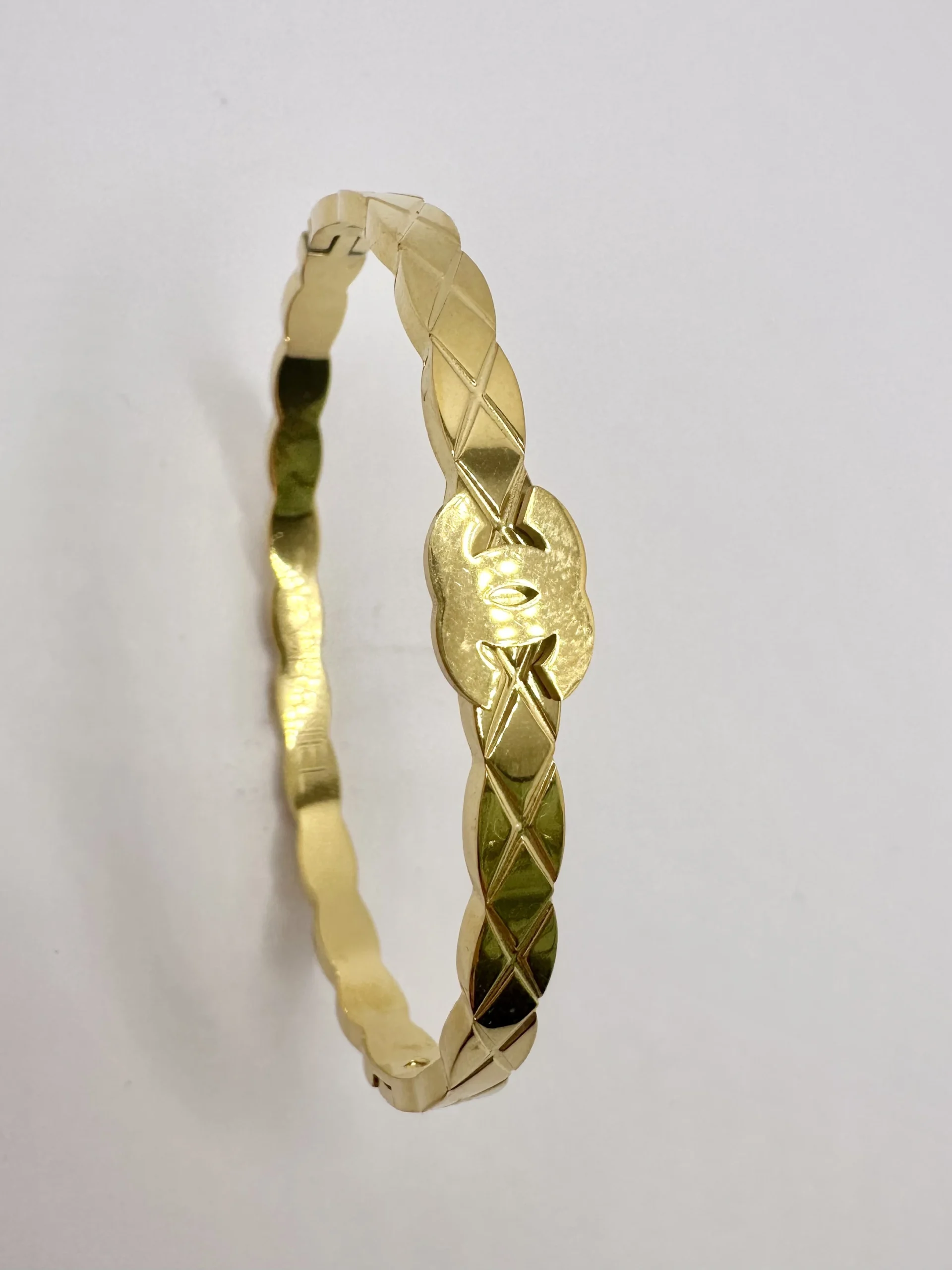 Gold Quilted Pattern Bangle with CC Logo Centrepiece | Stainless Steel | Zeray - Image 2