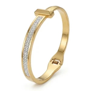 Gold T-Bar Crystal Pavé Bangle Bracelet | Geometric Cuff | Zeray