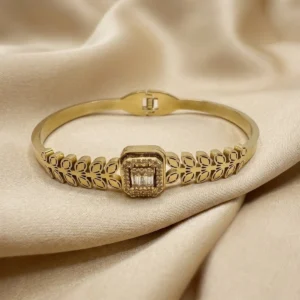 Gold Botanical Cutout Bangle with Crystal Halo Cluster | Zeray