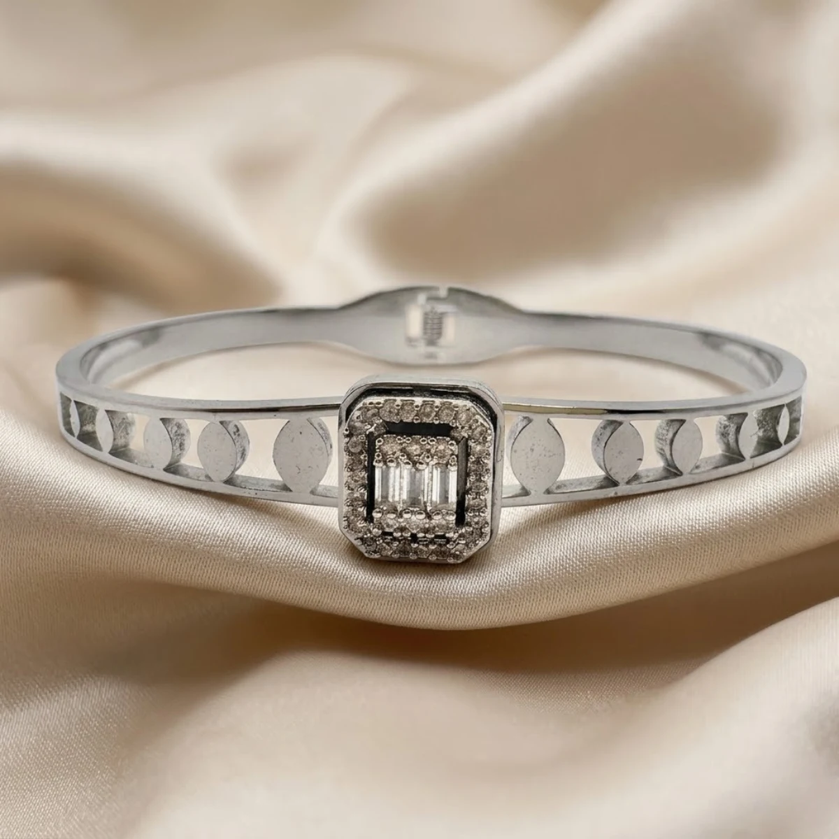 Silver Coin Cutout Bangle with Crystal Halo Cluster | Zeray