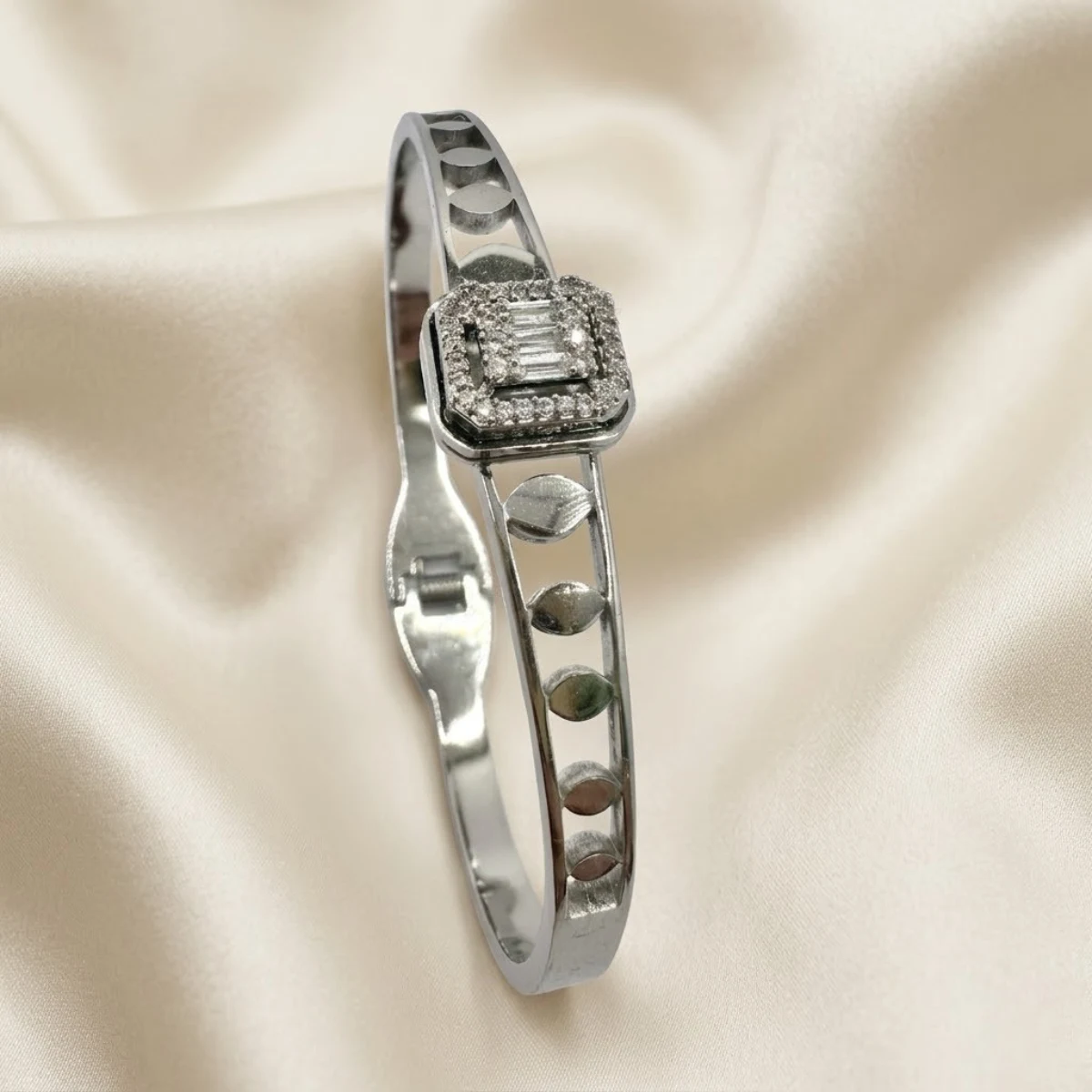 Silver Coin Cutout Bangle with Crystal Halo Cluster | Zeray - Image 2