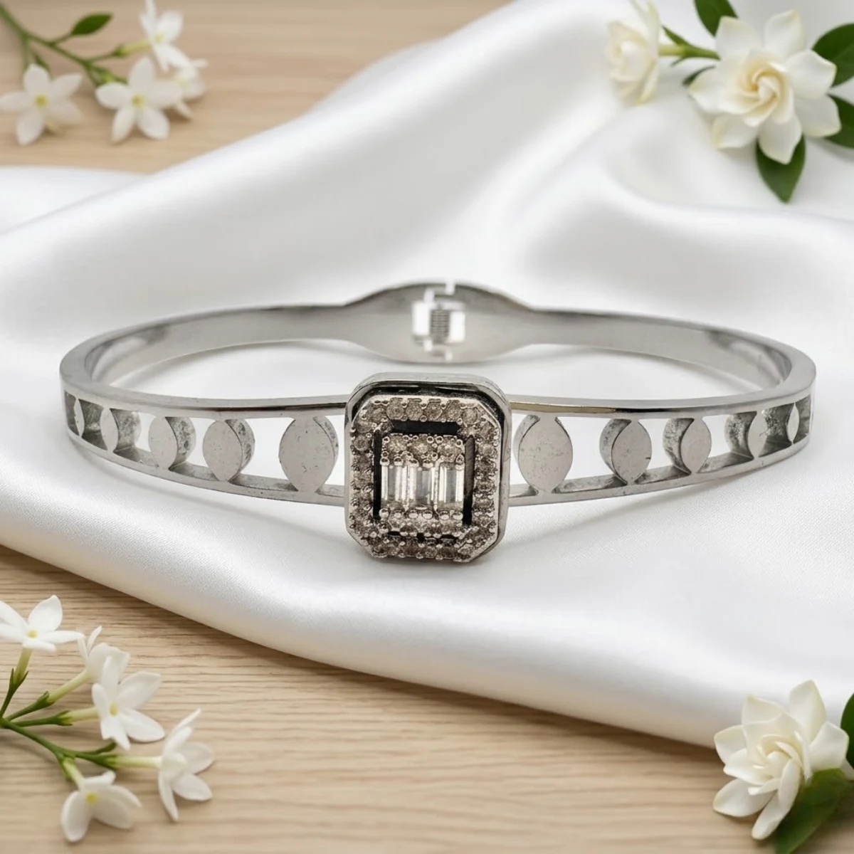 Silver Coin Cutout Bangle with Crystal Halo Cluster | Zeray - Image 3