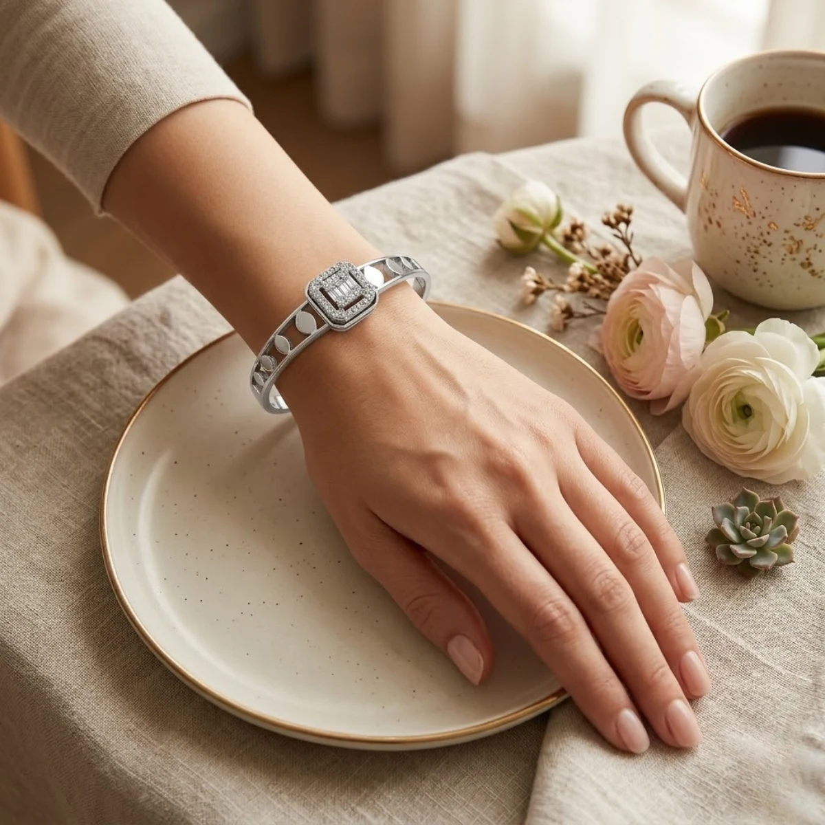 Silver Coin Cutout Bangle with Crystal Halo Cluster | Zeray - Image 4