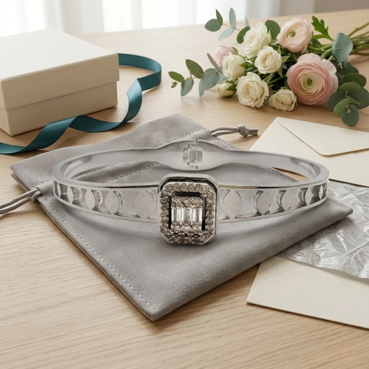 Silver Coin Cutout Bangle with Crystal Halo Cluster | Zeray - Image 5