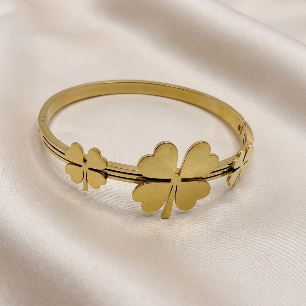 Gold Triple Clover Bangle | Three Clovers Good Luck Cuff | Zeray