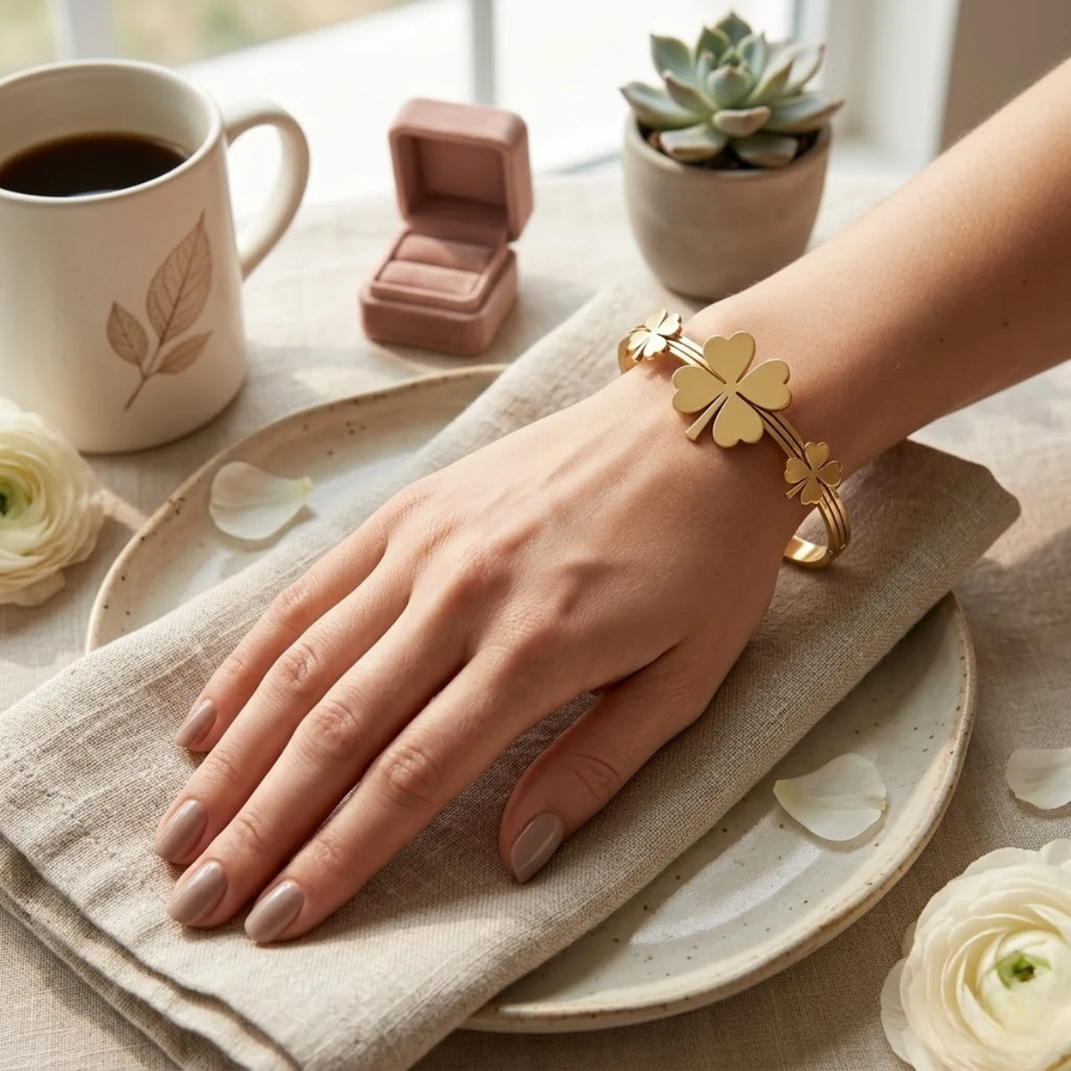 Gold Triple Clover Bangle | Three Clovers Good Luck Cuff | Zeray - Image 4