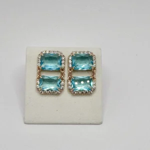 Gold Double Blue Topaz Emerald-Cut Drop Earrings | Crystal Halo | Zeray