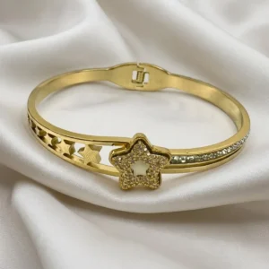 Gold Star Cutout Bangle with Crystal Star Charm | Celestial Cuff | Zeray