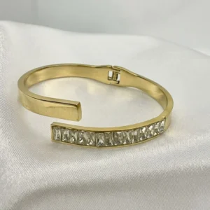 Gold Bypass Bangle with Baguette Crystal Tip | Open Cuff | Zeray