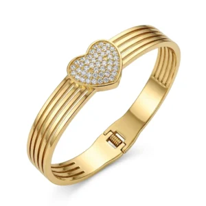 Gold Ribbed Multi-Track Bangle with Crystal Heart | Heart Cuff | Zeray