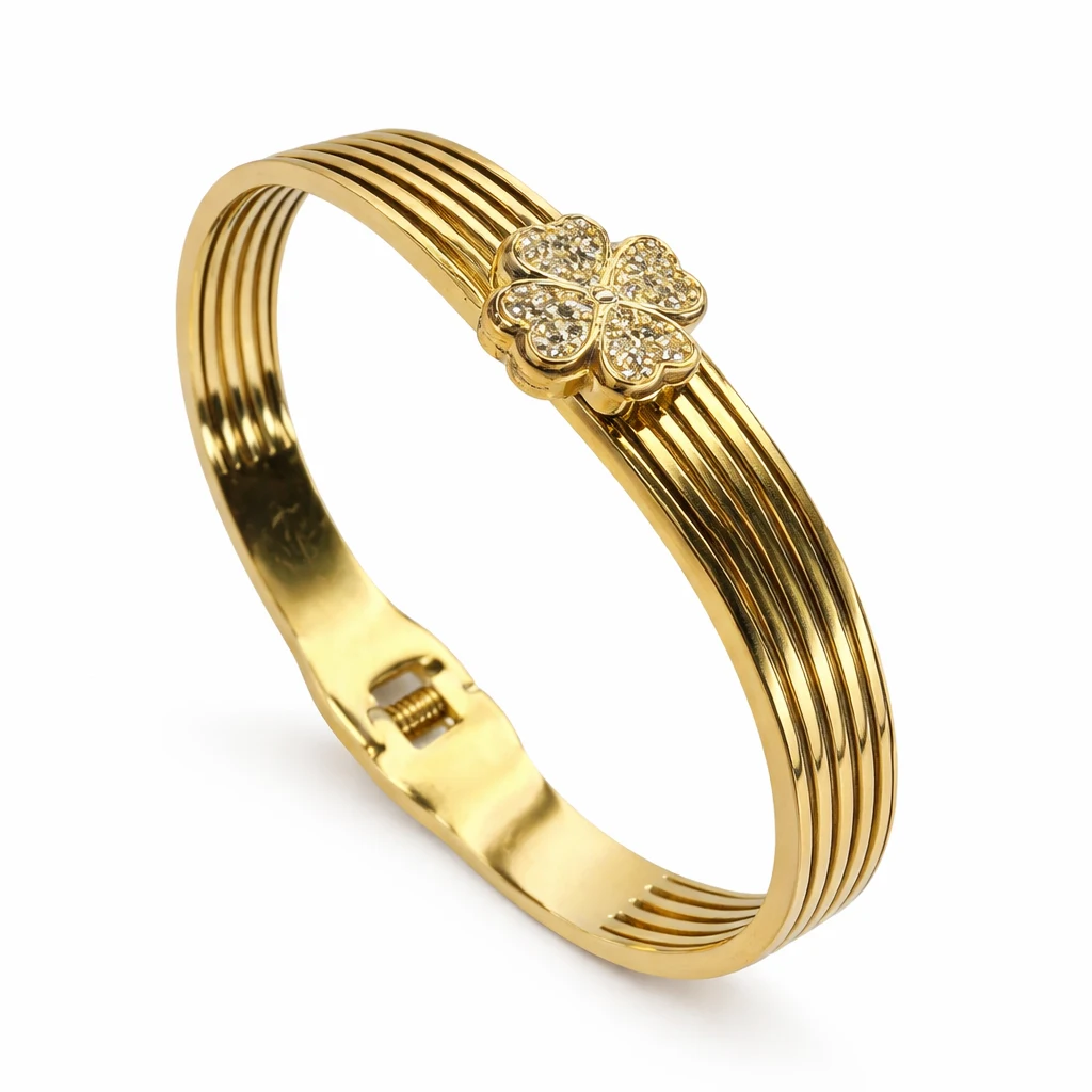 Gold Multi-Track Ribbed Bangle with Crystal Clover Charm | Zeray