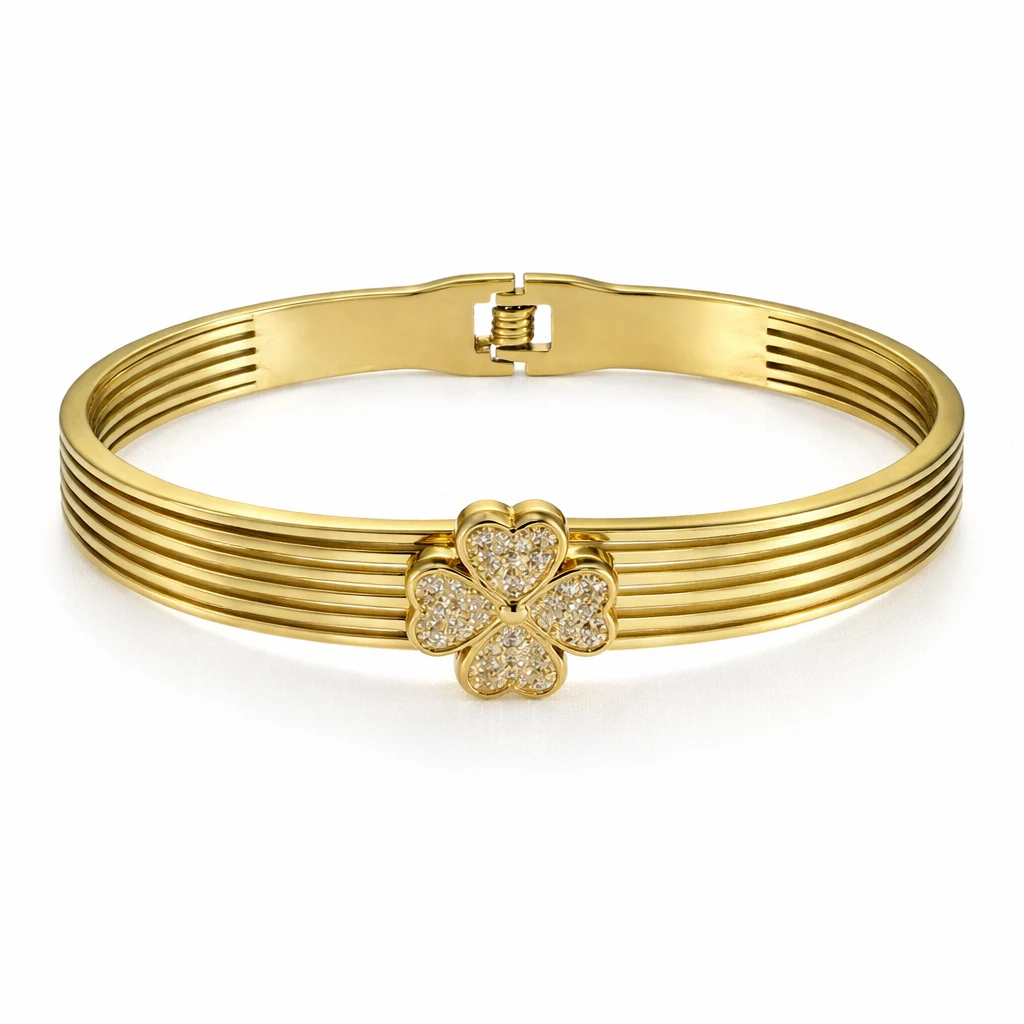 Gold Multi-Track Ribbed Bangle with Crystal Clover Charm | Zeray - Image 2