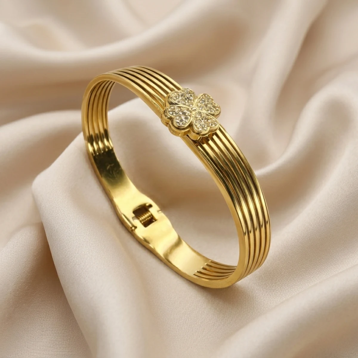 Gold Multi-Track Ribbed Bangle with Crystal Clover Charm | Zeray - Image 4